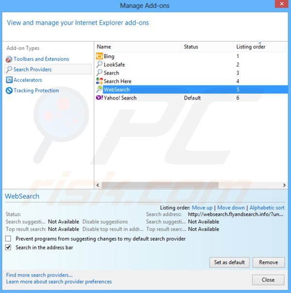 Removing websearch.fixsearch.info from Internet Explorer default search engine