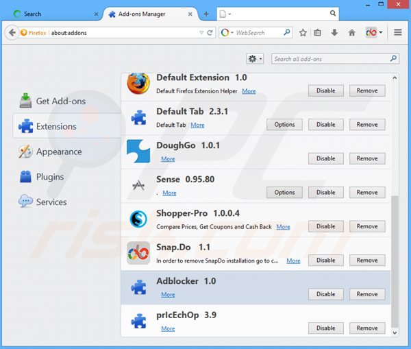 Removing websearch.fixsearch.info related Mozilla Firefox extensions