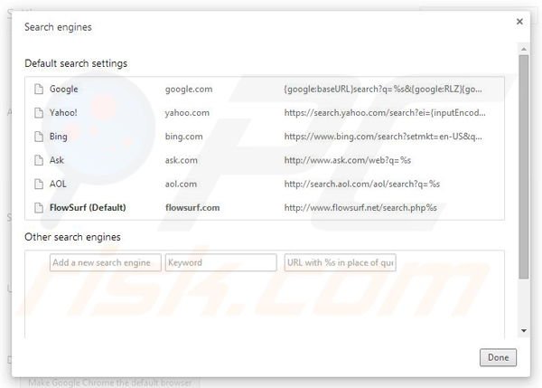 Remove Flowsurf browser hijacker from Google Chrome step 4