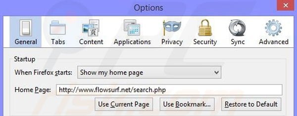 Remove Flowsurf browser hijacker from Mozilla Firefox step 2