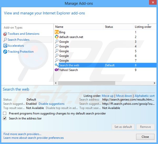 Removing search.genieo.com from Internet Explorer default search engine