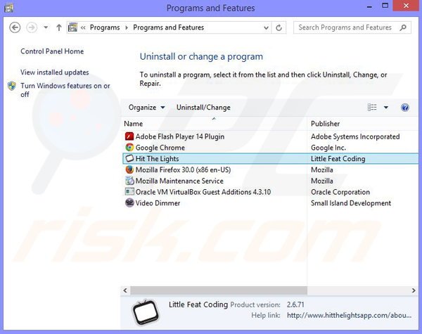 Hit The Lights adware uninstall via Control Panel
