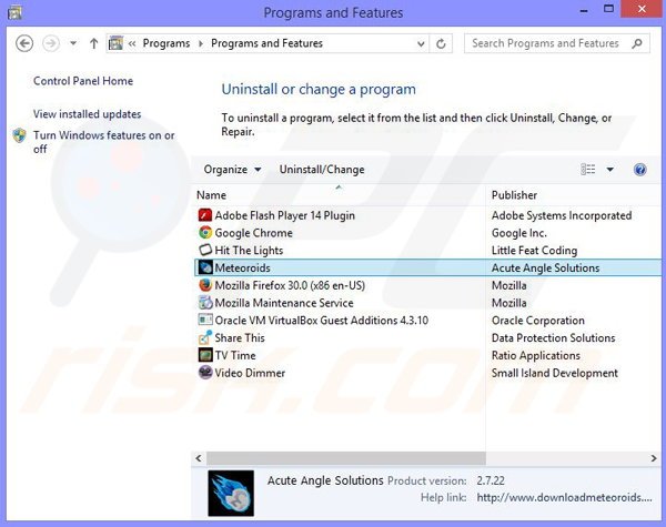 Meteoroids adware uninstall via Control Panel