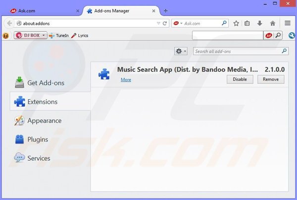 Remove Music App browser hijacker from Mozilla Firefox step 1