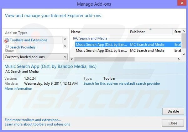 Remove Music App browser hijacker from Internet Explorer step 1