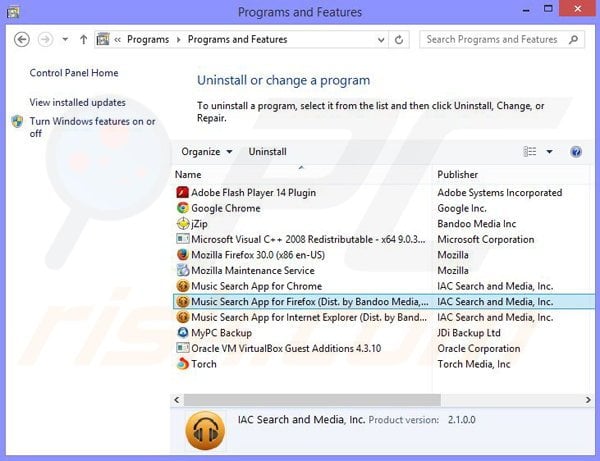 Uninstall Music App browser hijacker via control panel