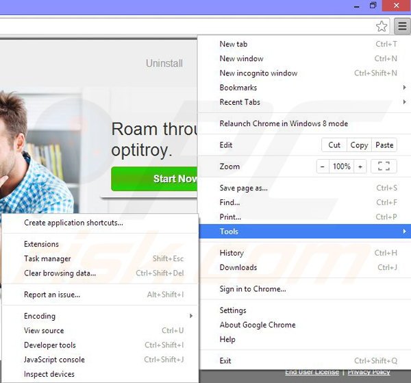 Removing optitroy from Google Chrome step 1