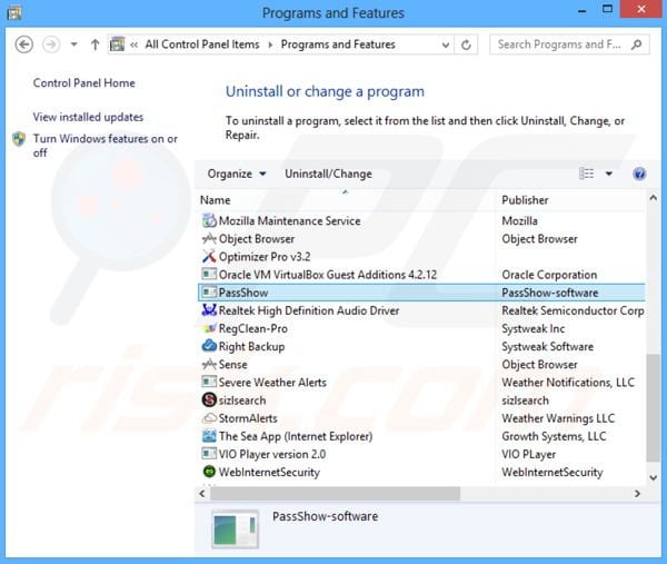 PassShow adware uninstall via Control Panel