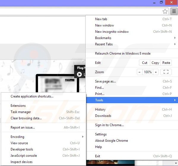 Removing Play now Radio ads from Google Chrome step 1