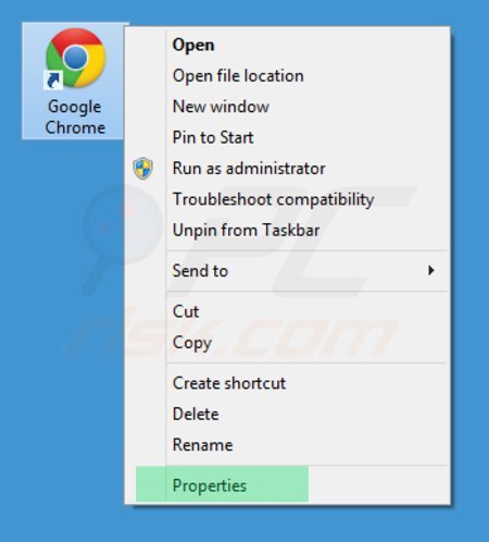 Removing portalsepeti.com from Google Chrome shortcut target step 1