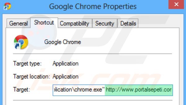 Removing portalsepeti.com from Google Chrome shortcut target step 2