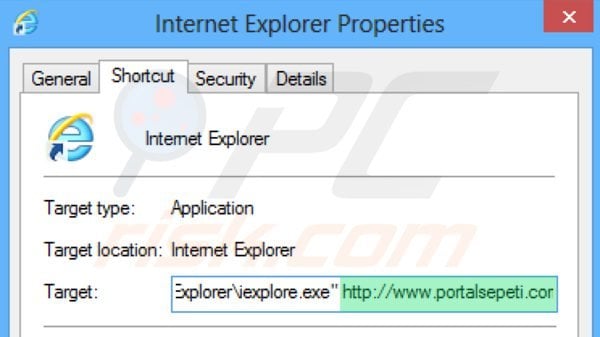 Removing portalsepeti.com from Internet Explorer shortcut target step 2