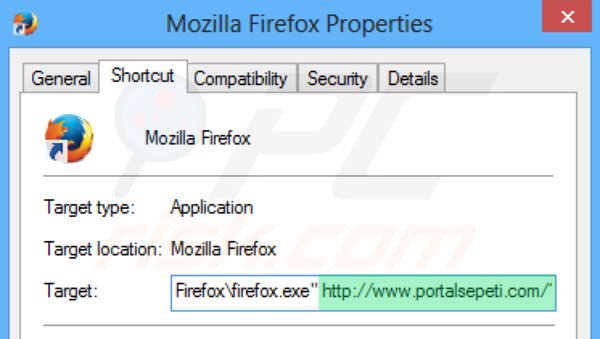 Removing portalsepeti.com from Mozilla Firefox shortcut target step 2