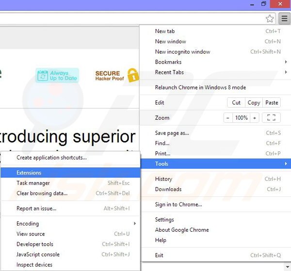 Removing protectedsurf ads from Google Chrome step 1