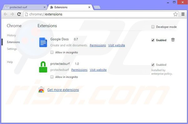 Removing protectedsurf ads from Google Chrome step 2