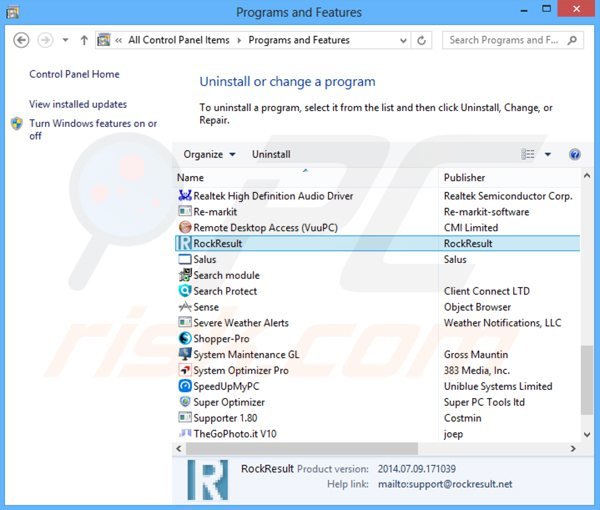 rockresult adware uninstall via Control Panel