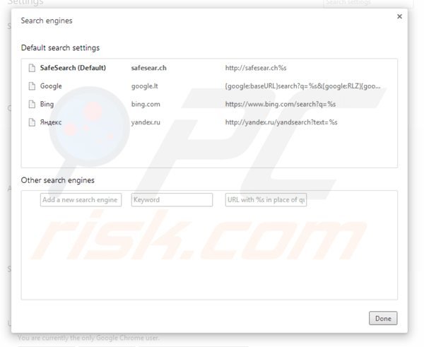 Removing safesear.ch from Google Chrome default search engine