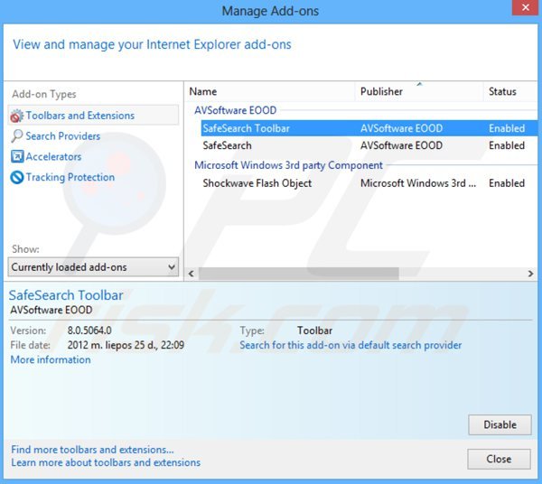Removing safesear.ch related Internet Explorer extensions