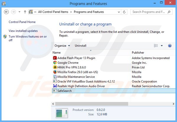 safesear.ch browser hijacker uninstall via Control Panel