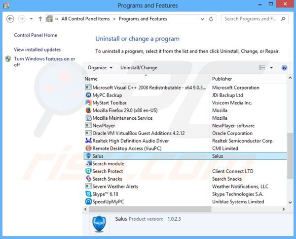 salus adware uninstall via Control Panel