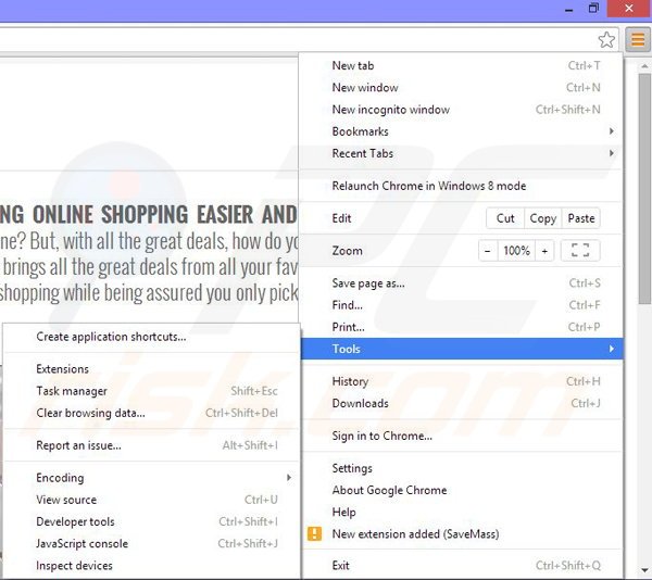 Removing SaveMass ads from Google Chrome step 1