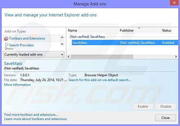 Removing SaveMass ads from Internet Explorer step 2