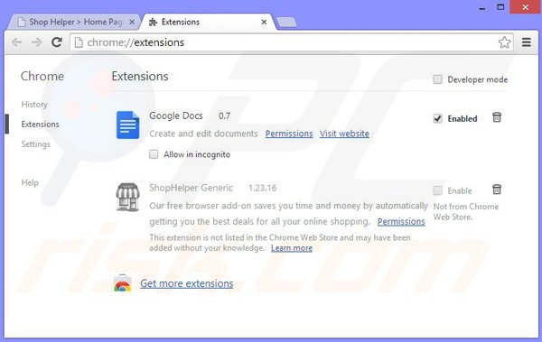 Removing ShopHelper ads from Google Chrome step 2