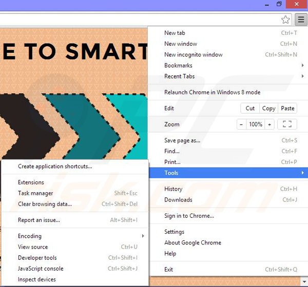 Removing smartones ads from Google Chrome step 1