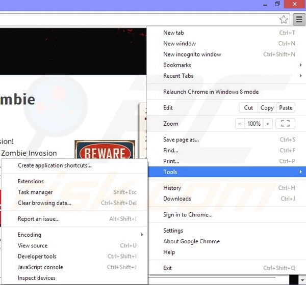 Removing Zombie Invasion ads from Google Chrome step 1