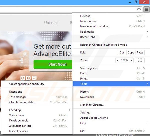 Removing AdvanceElite from Google Chrome step 1