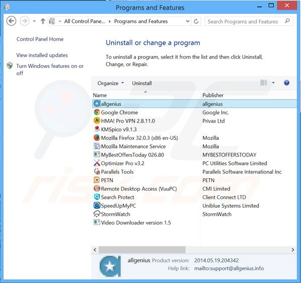 allgenius adware uninstall via Control Panel