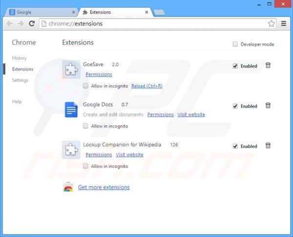 Removing websearch.allsearches.info related Google Chrome extensions