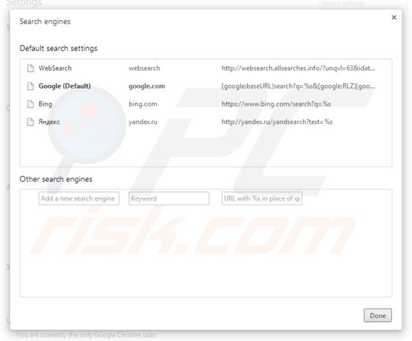 Removing websearch.allsearches.info from Google Chrome default search engine