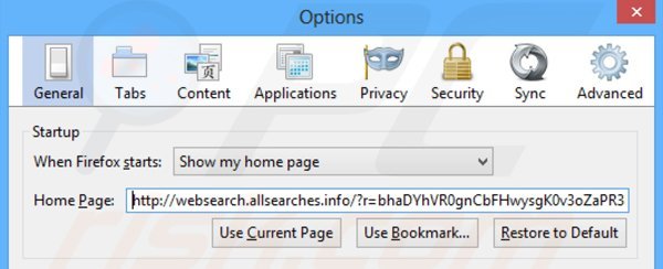 Removing websearch.allsearches.info from Mozilla Firefox homepage
