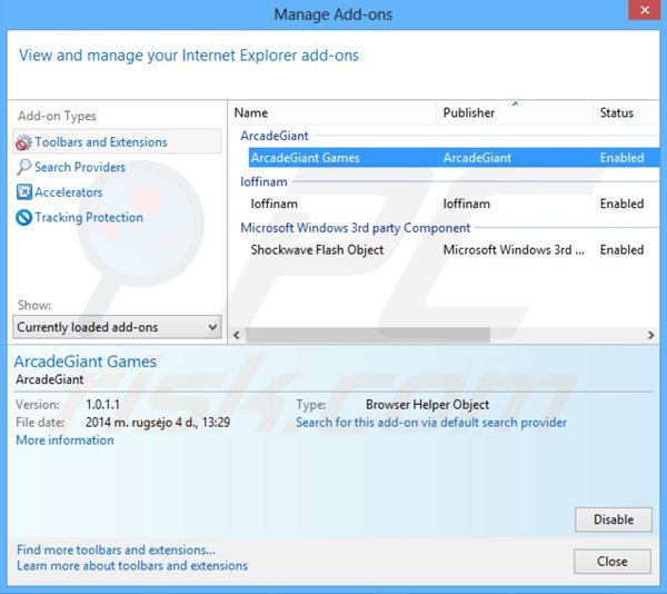 Removing ArcadeGiant ads from Internet Explorer step 2