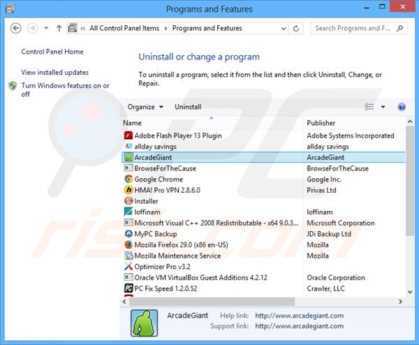 ArcadeGiant adware uninstall via Control Panel