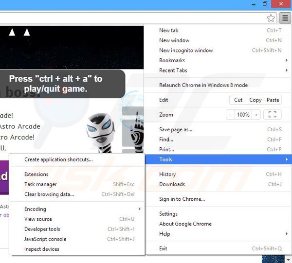 Removing Astro Arcade ads from Google Chrome step 1