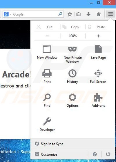 Removing Astro Arcade ads from Mozilla Firefox step 1
