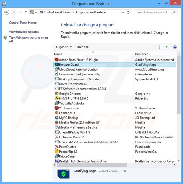 browser guard adware uninstall via Control Panel