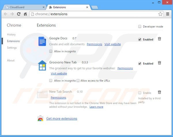 Removing CloudGuard related adware from Google Chrome step 2