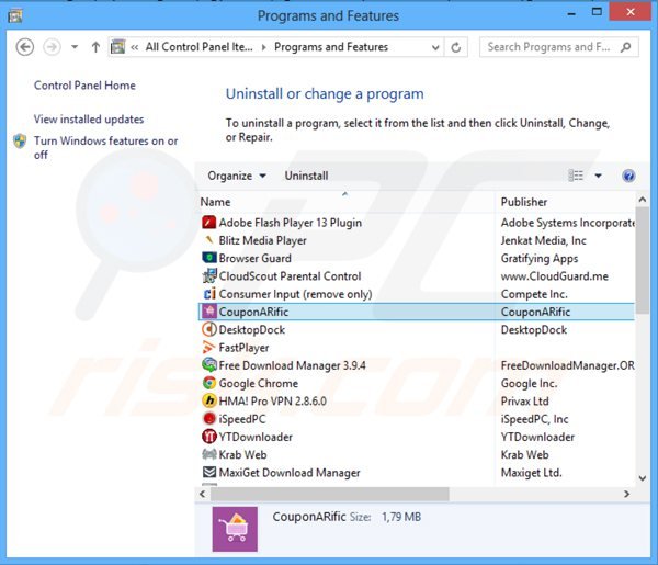 couponarific adware uninstall via Control Panel