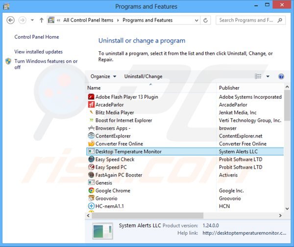 desktop temperature monitor adware uninstall via Control Panel