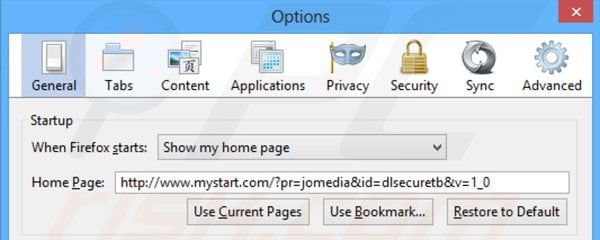Removing dlsecure redirect from Mozilla Firefox homepage