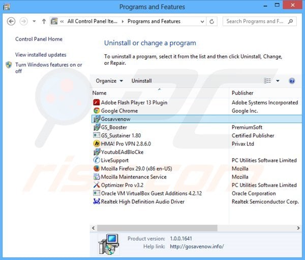 GoSavenow adware uninstall via Control Panel