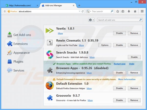 Removing Hahomedia related adware from Mozilla Firefox step 2