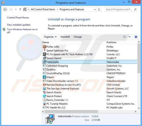 Hahomedia adware uninstall via Control Panel