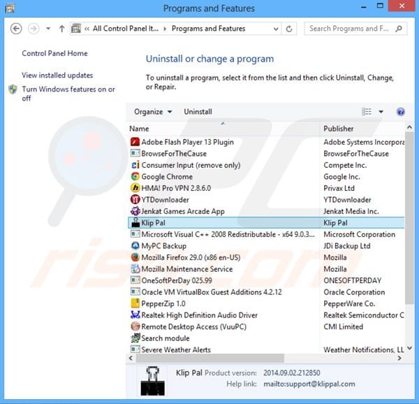 klip pal adware uninstall via Control Panel