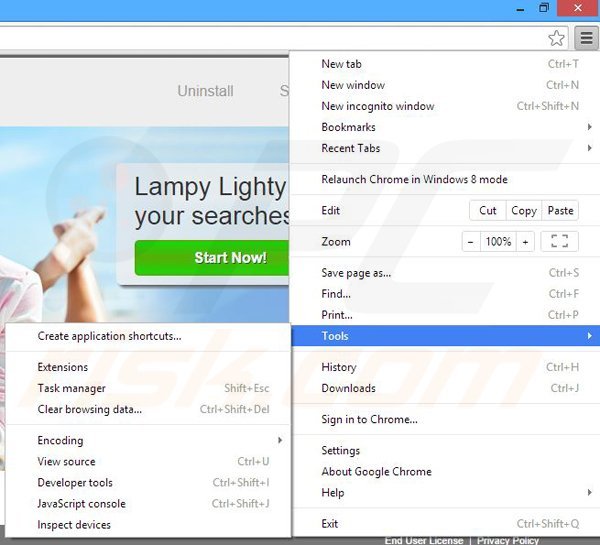 Removing Lampy Lighty from Google Chrome step 1