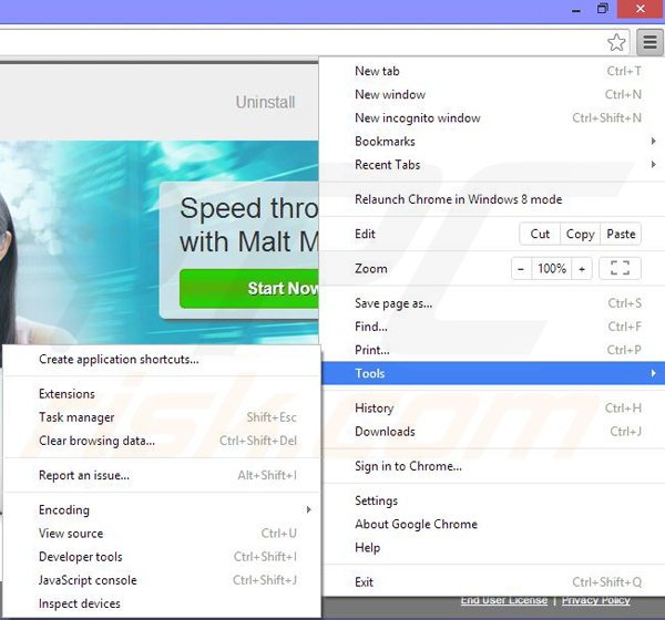 Removing Malt Mark from Google Chrome step 1