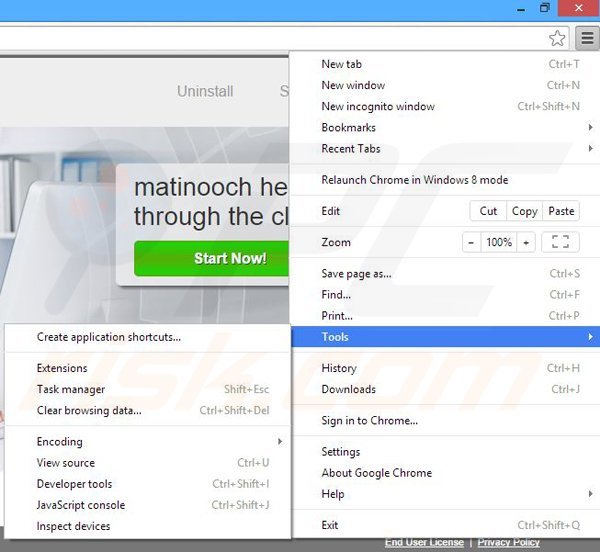 Removing matinooch from Google Chrome step 1